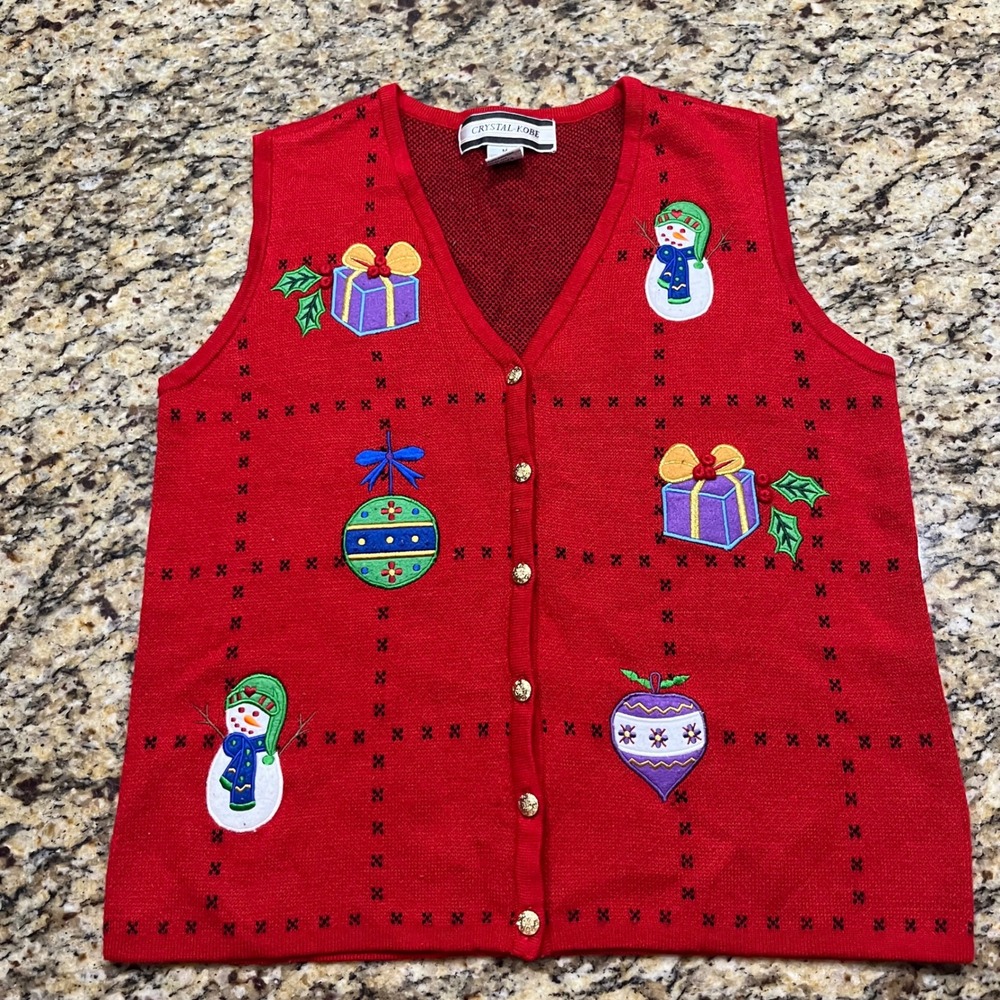 Vintage Crystal-Kobe Christmas Sweater Vest Red Snowman Ornament Womens Medium
